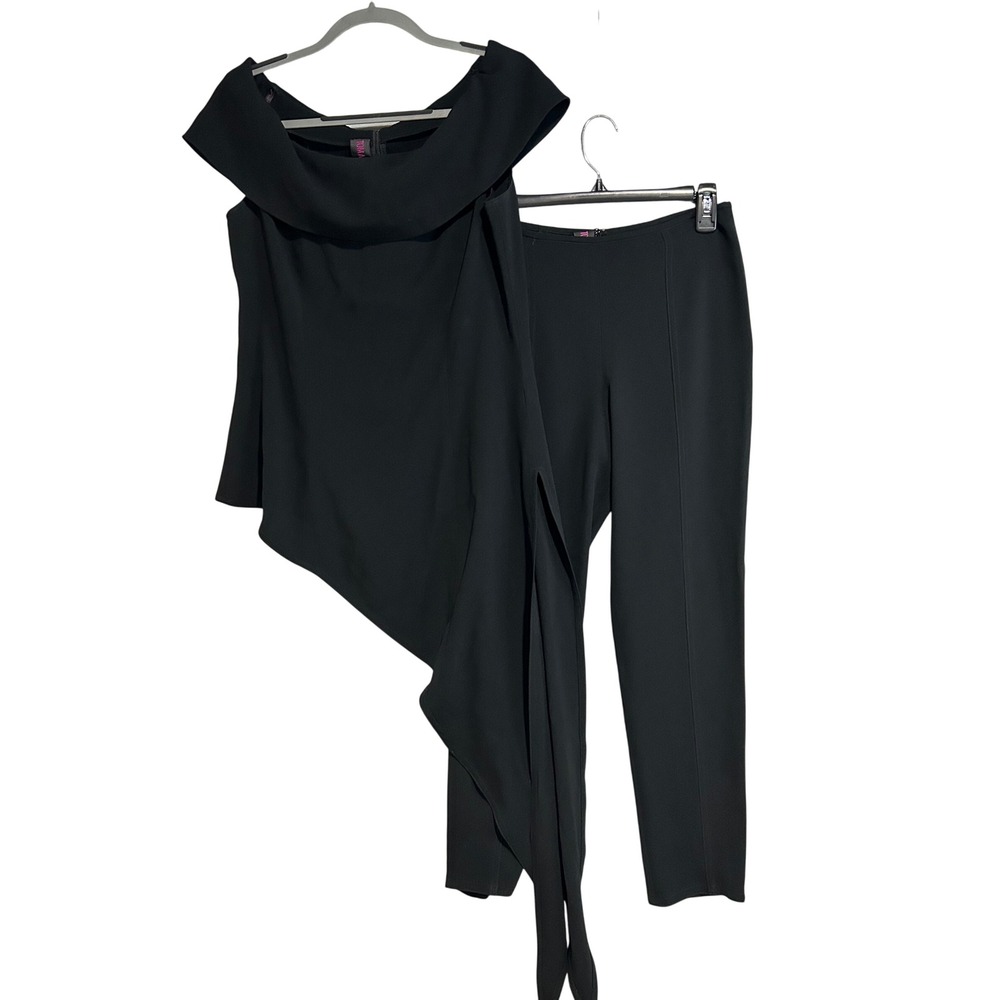 Tom and Linda Platt Women Pants 6 Top Black Asymmetric 10 Off Shoulder 2pc Set